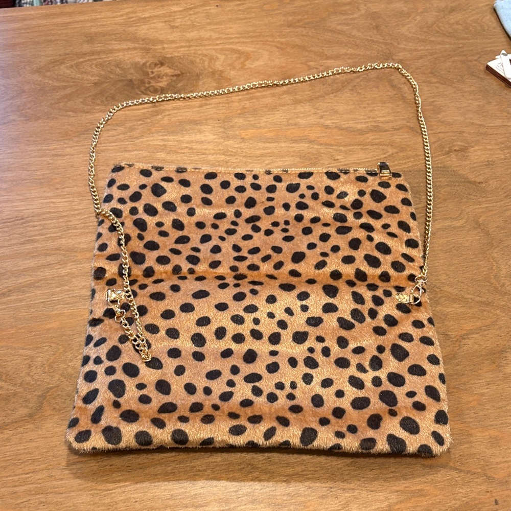 J. Crew Tan and Black Spotted Clutch with Gold Chain